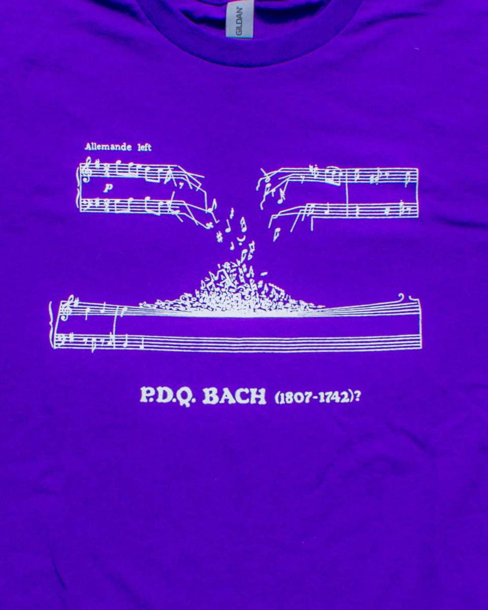 Modern P.D.Q. Bach Manuscript Tshirt (White on Purple) Schickele
