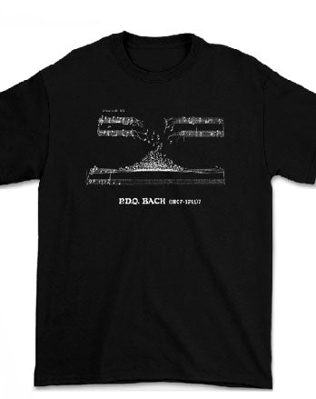Modern P.D.Q. Bach Manuscript T-shirt (White on Black)