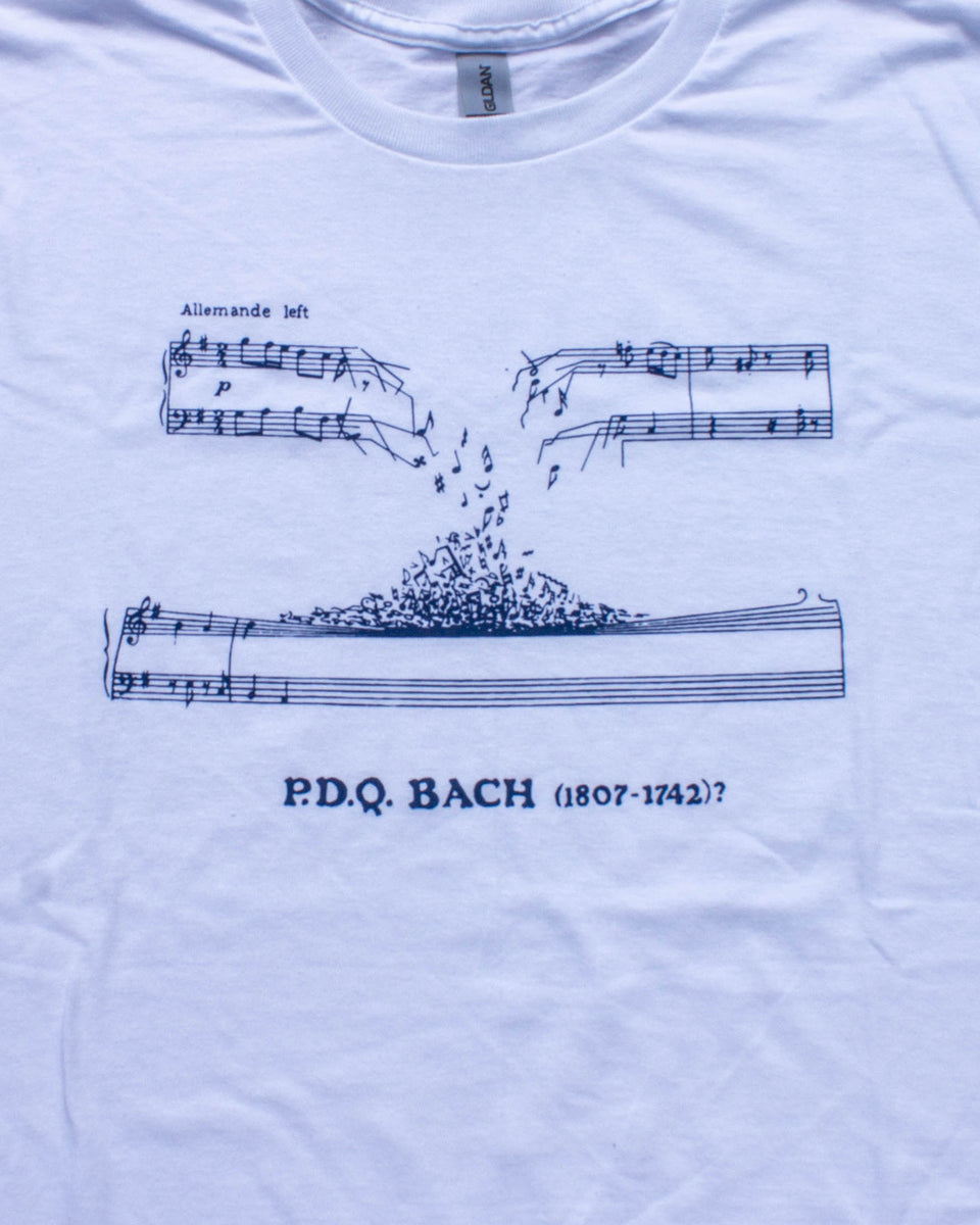 Modern P.D.Q. Bach Manuscript Tshirt (Navy Blue on White) Schickele