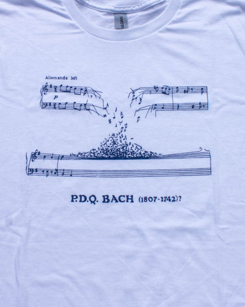 Modern P.D.Q. Bach Manuscript T-shirt (Navy Blue on White)